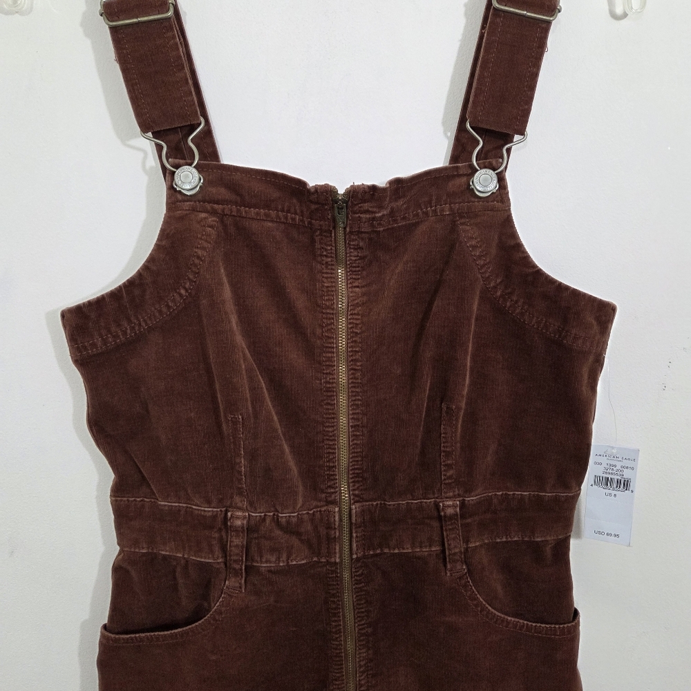NWT American Eagle Corduroy Overall Dress Brown Mini Size 8 Fall Academia Cords - Picture 3 of 12